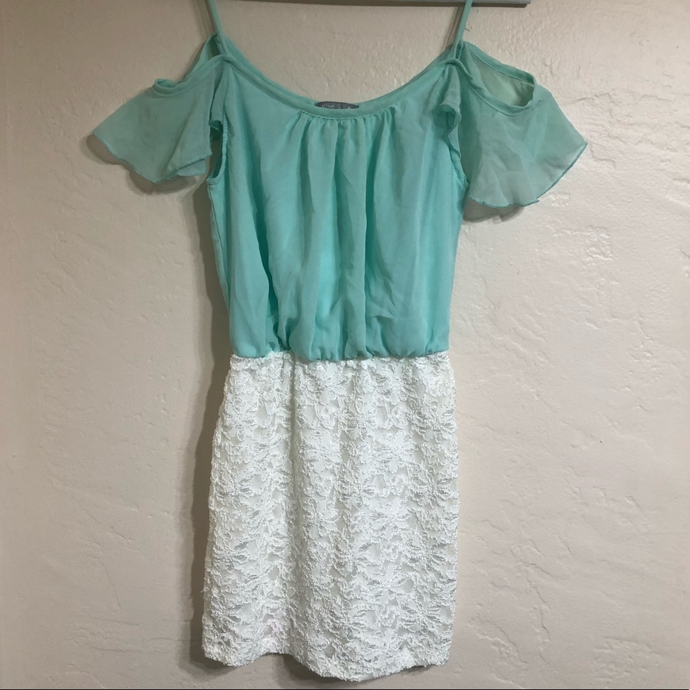 Teal/White Off-Shoulder Dress